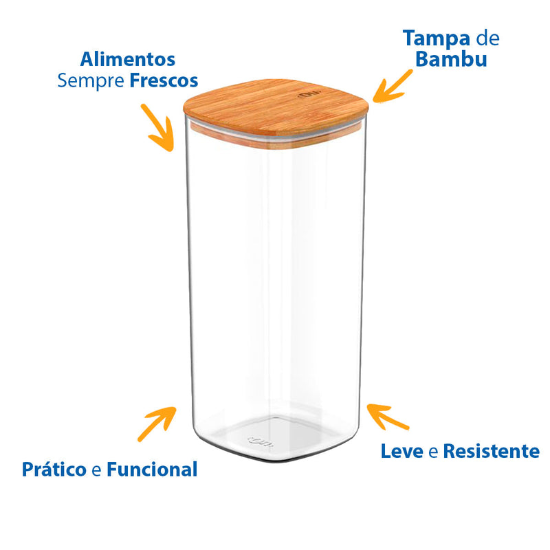 Pote Hermético de Acrílico com Tampa de Bambu 1,5L - OU