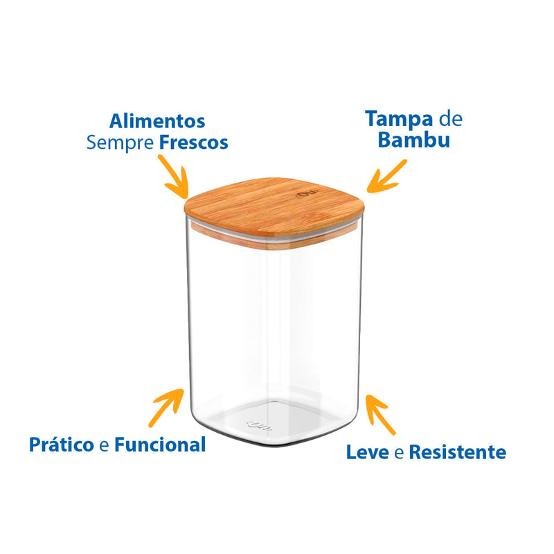 Pote Hermético Quadrado com Tampa de Bambu 1L - OU