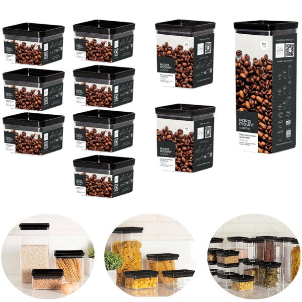 Kit 10 Potes Herméticos Tampa Preta Quadrado com Anel de Vedação
