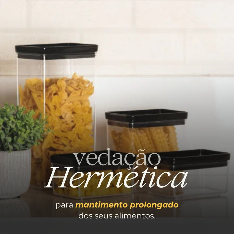 Kit 12 Potes Herméticos com Tampa Preta Empilháveis com Vedação Hermética