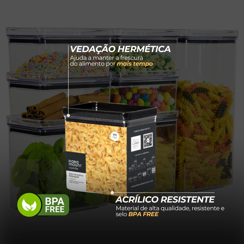 Kit 7 Potes Herméticos Tampa Preta Quadrados e Empilháveis
